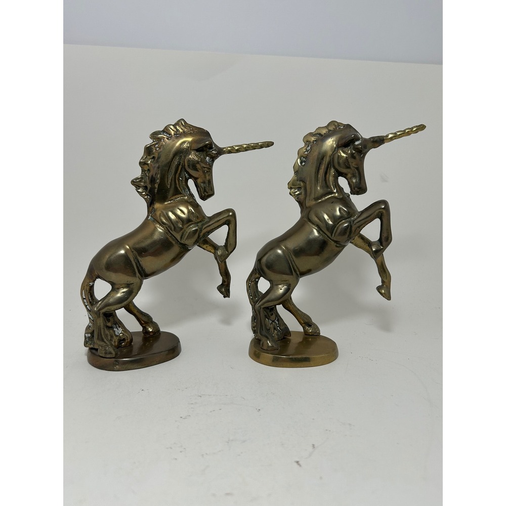 Vintage Brass Unicorn Figurines Pair Rearing Mythical Statues Gold Tone Decor